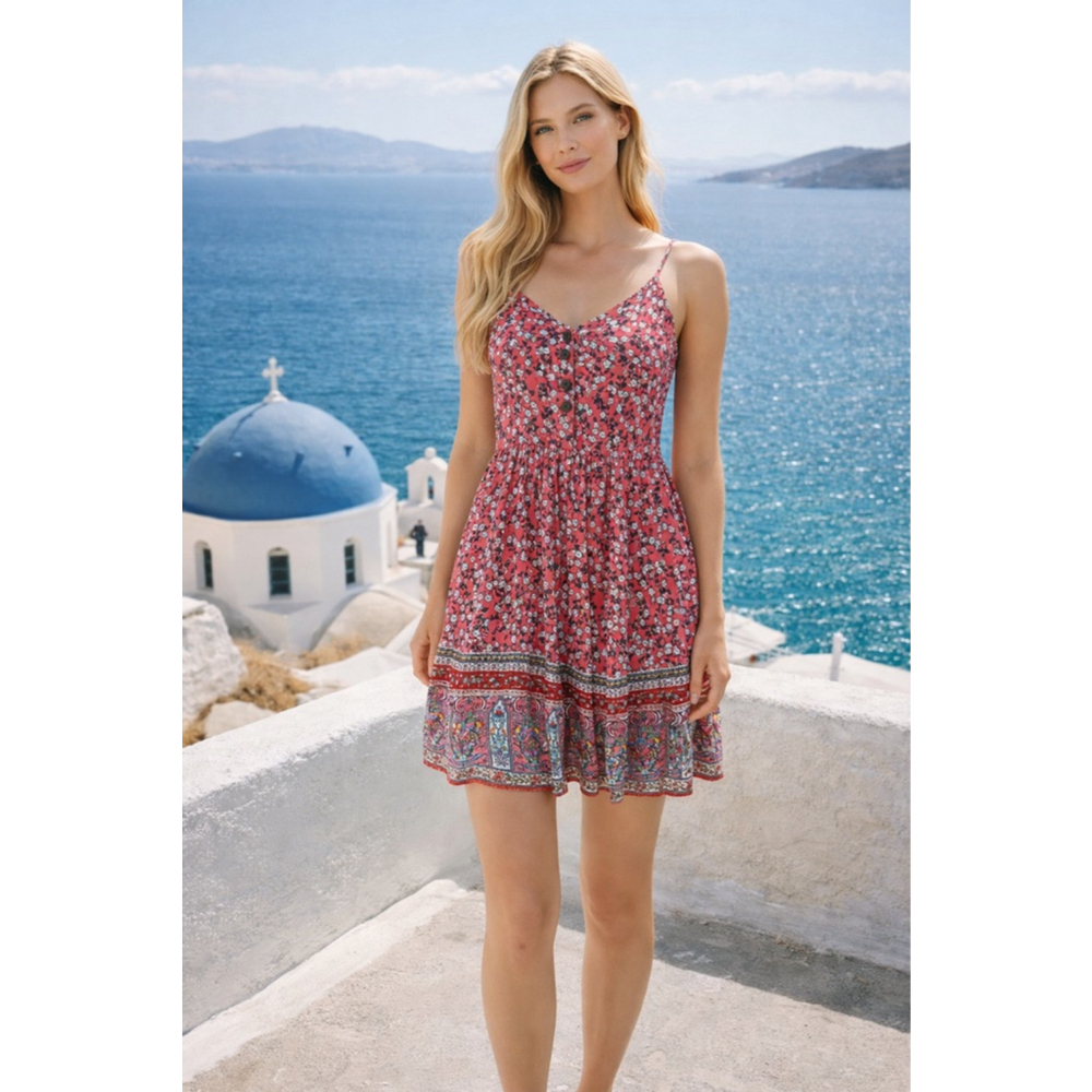 Boho Floral Button Front Mini Dress Resort Vaca Cottagecore Coquette Feminine S